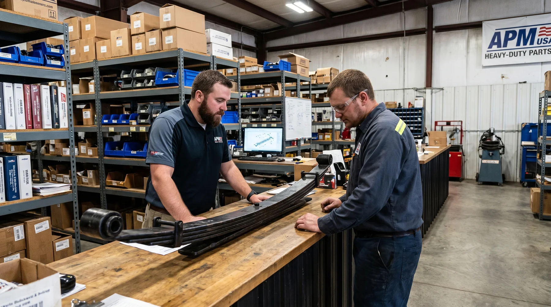 Two parts-counter staff reviewing a leaf spring with a dealership buyer in a stocked service-parts environment