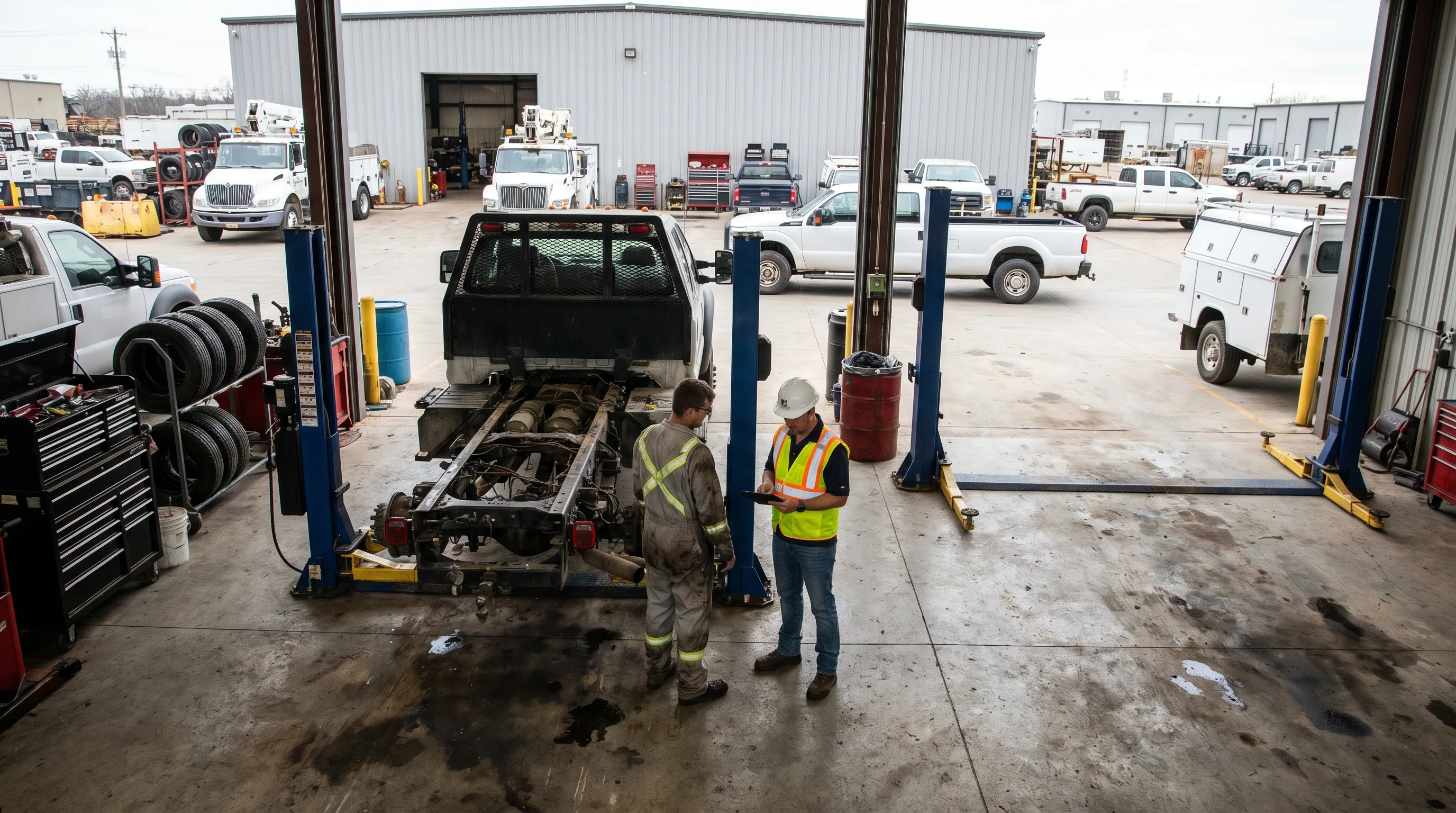 Fleet maintenance manager reviewing a work order with a technician beside a service truck chassis inside a maintenance bay