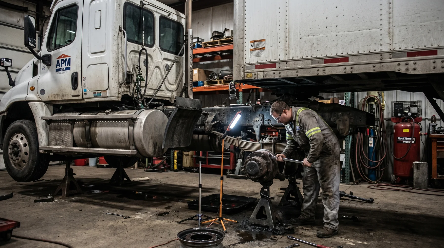 Technician servicing a heavy-duty truck chassis inside a repair bay with the suspension exposed for inspection