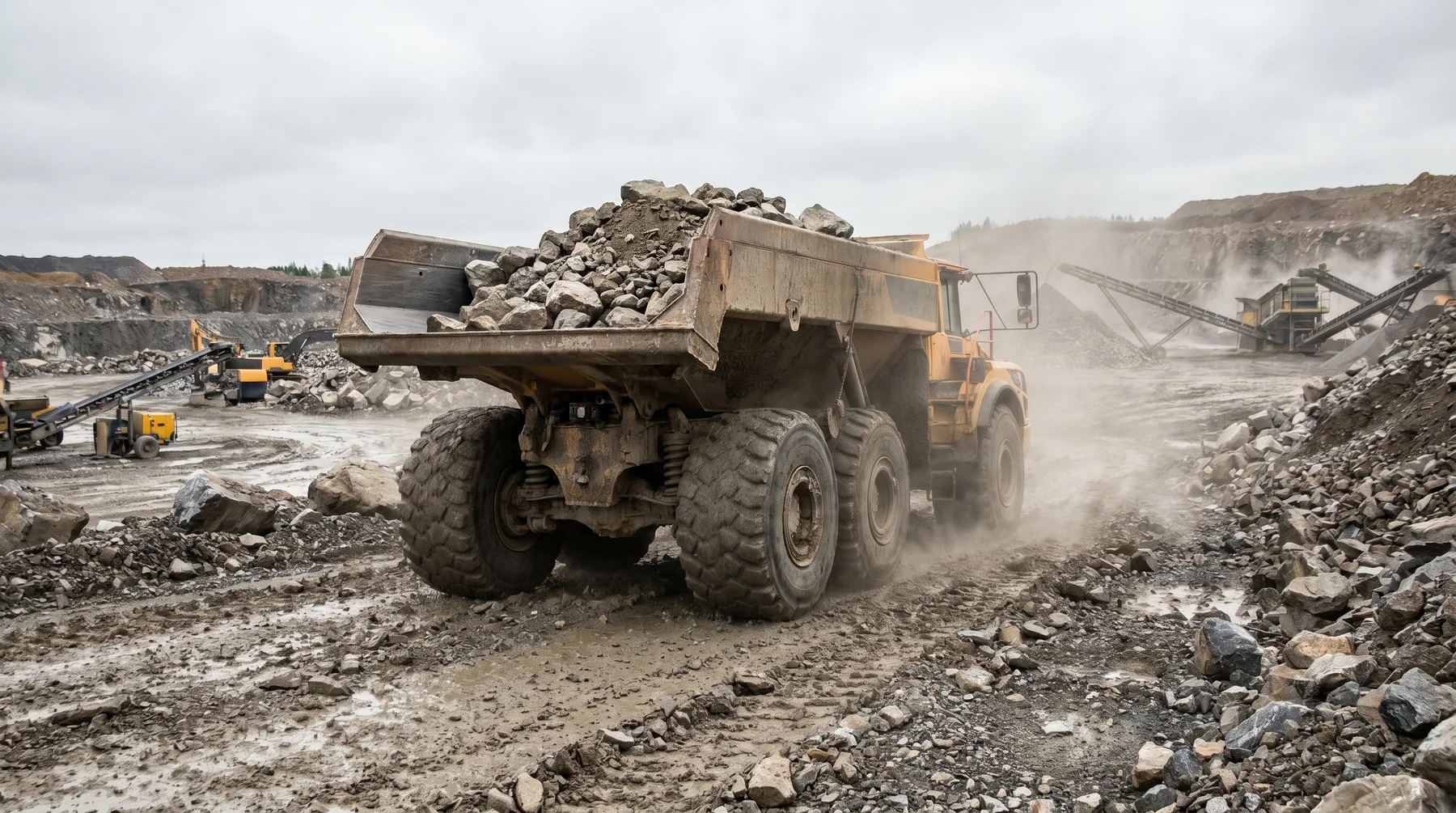 A heavy off-highway haul truck moving through a rocky quarry under dust and load