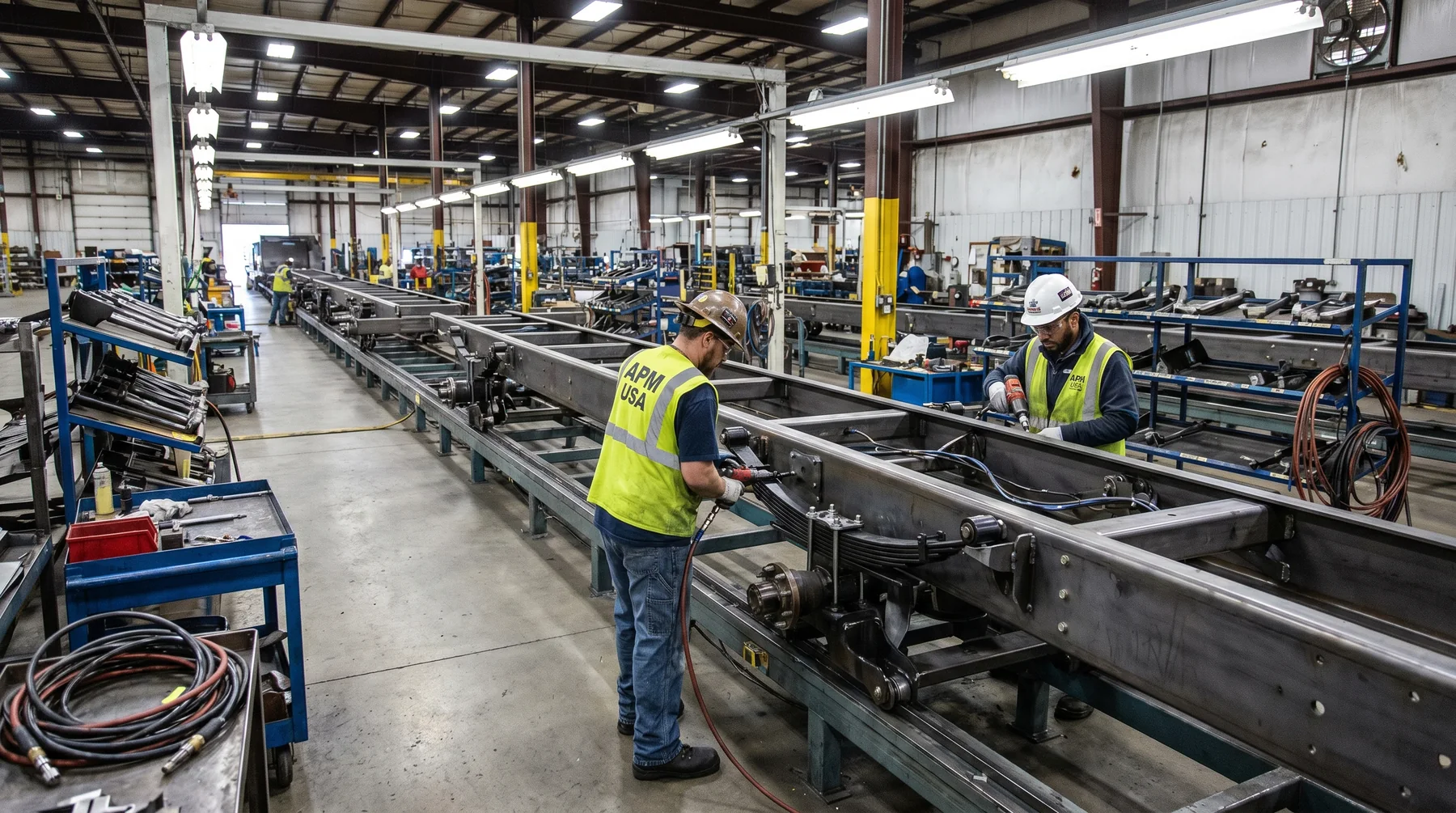 Workers assembling a trailer frame on a production line inside a manufacturing plant