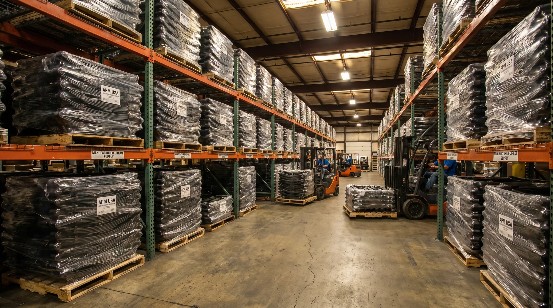 A warehouse aisle with pallet racking, forklifts, and bundled suspension inventory staged for distribution